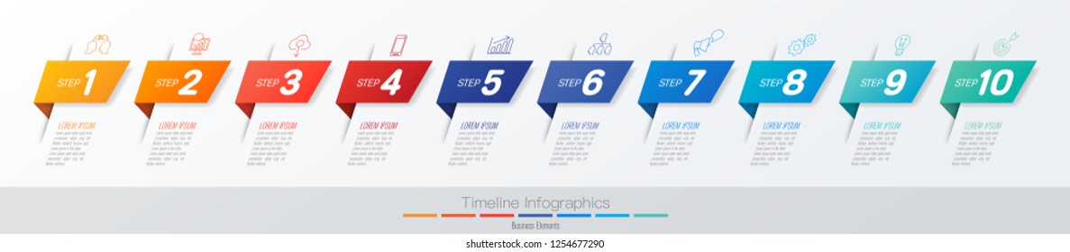 Timeline infographics design vector and marketing icons can be used for workflow layout, diagram, annual report, web design. Business concept with 10 options, steps or processes.