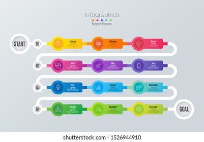 Timeline infographics design vector and marketing icons can be used for workflow layout, diagram, annual report, web design. Business concept with quarter year options, steps or processes.