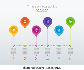 Timeline infographics design vector and marketing icons can be used for workflow layout, diagram, annual report, web design. Business concept with 6 options, steps or processes.