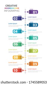 El diseño de infografías de línea de tiempo y los iconos de marketing se pueden utilizar para diseño de flujo de trabajo, diagrama, informe anual, diseño web. Concepto de negocio con 10 opciones, pasos o procesos.
