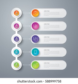 Infographie chronologique conception image vectorielle et icônes marketing peuvent être utilisées pour la mise en page du flux de travail, le diagramme, le rapport annuel, le web design. Concept d'entreprise avec 5 options, étapes ou processus.