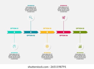 O vetor de design de infográficos de linha do tempo e o negócio de apresentação podem ser usados para o conceito de negócios com 5 opções, etapas ou processos.