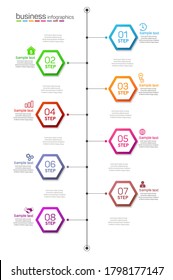 Timeline infographics design vector template with 8 options, steps or processes