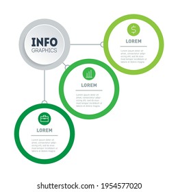 Timeline or infographics of development and growth of the business. Vector. Time line of 3 balls. Green Business concept with three options, parts, steps or 3 processes.