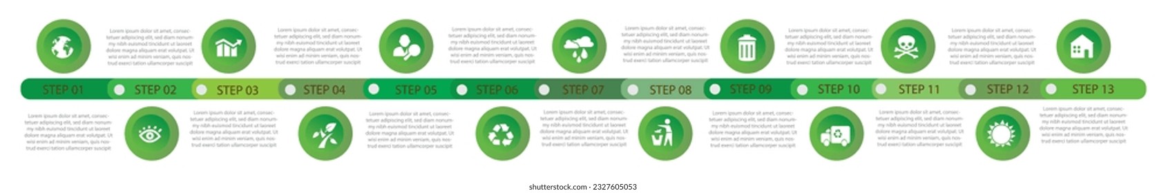 Timeline or infographics. Eco concept with 13 options, steps or processes.vector illustration