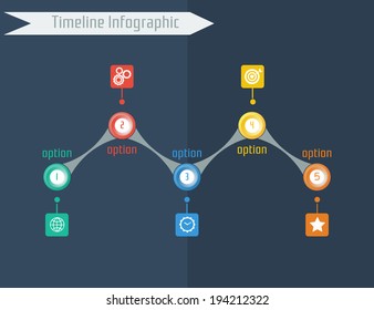 Timeline infographics, elements and icons on dark background. Vector design template. 
