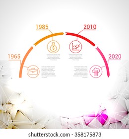 Timeline infographics, elements and icons. Triangle trendy design with connection points and business icons set
