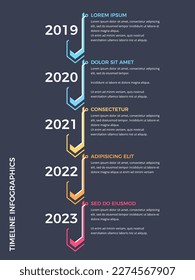 Timeline infographics with five arrows on dark background, vector eps10 illustration