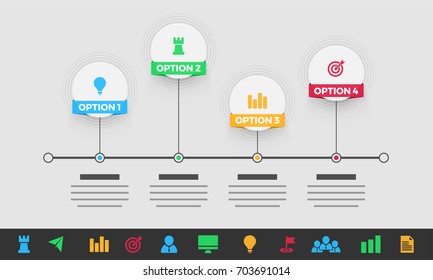 Timeline Infographics layout with 4 steps and colorful icons set.