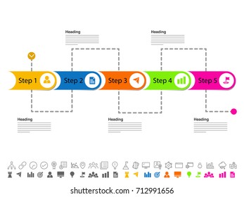 Diseño de infografías de línea de tiempo con 4 pasos y conjunto de iconos coloridos.
