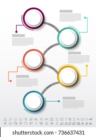 Timeline Infografik-Layout mit 4 Schritten und bunte Symbole gesetzt.