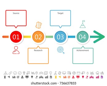 Diseño de infografías de línea de tiempo con 4 pasos y conjunto de iconos coloridos.