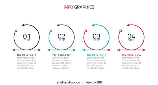 Timeline infographics process lines with points and arrows.Business concept for 4 steps, options, round.Vector linear infographic element.