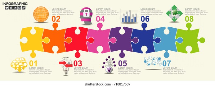 Timeline infographics puzzle design template with 8 options, process diagram, vector eps10 illustration