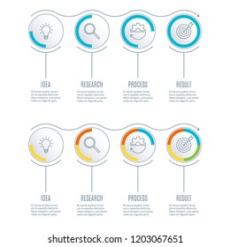 Timeline infographics set with 4 steps, options or section. Business process concept. Diagram, chart, flowchart template with 4 circles. Vector illustration.