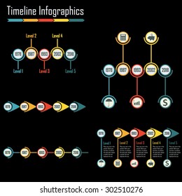 Timeline Infographics set. Design elements isolated on a dark background. Colorful vector illustration.