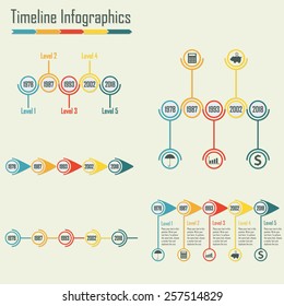 Timeline Infographics set. Isolated design elements. Colorful vector illustration.