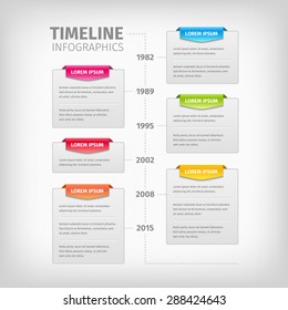 Timeline Infographics with soft gray boxes with border. Colorful 3d tags. Vector illustration.