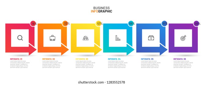 Timeline infographics square design with arrow. Business concept with 6 options, steps or processes. Vector illustration. Can be used for workflow diagram, presentation, annual report.