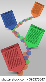 Timeline infographics with squared text ribbons on road from colorful circles.