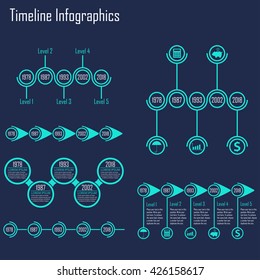 Timeline infographics and Step by step infographics set. 5 steps, options or levels template. Vector illustration.