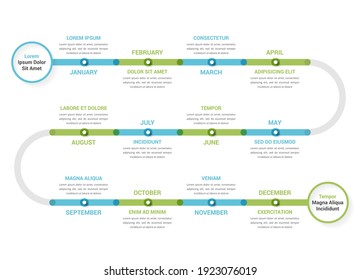Timeline infographics template with 12 months, workflow, process chart, vector eps10 illustration