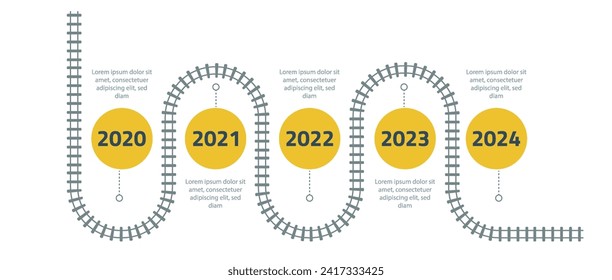 Timeline infographics template with 2024 in yellow and gray. Railroad track, Railway route. Vector illustration on a white background