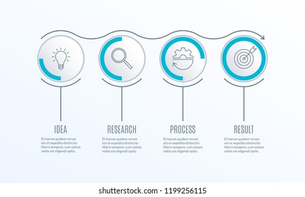 Timeline infographics template with 4 steps, options or section. Business process concept. Diagram, chart, flowchart template with 4 circles. Vector illustration.