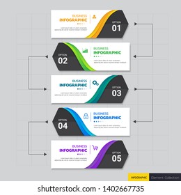 Timeline Infographics template 5 options with rectangle banner, can be used for workflow layout, diagram, website, corporate report, advertising, marketing. vector illustration.