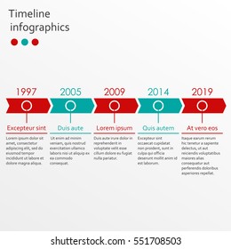 Timeline infographics template with 5 steps and arrows. Vector illustration.