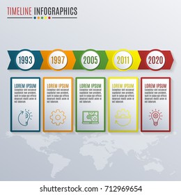 Timeline infographics template with 5 steps, options, levels or processes. Business ifograph concept. Vector illustration.