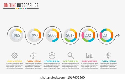 Timeline infographics template with 6 circles and arrow. 6 steps, options, levels or processes. Business presentation concept. Workflow layout, diagram for web design. Vector illustration.