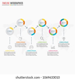 Timeline infographics template with 6 circles and arrow. 6 steps, options, levels or processes. Business presentation concept. Workflow layout, diagram for web design. Vector illustration.