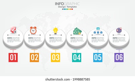 Timeline infographics template with 6 elements workflow process chart.