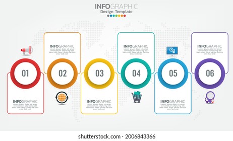 Timeline infographics template with 6 elements workflow process chart.