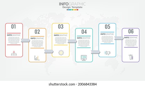 Timeline infographics template with 6 elements workflow process chart.