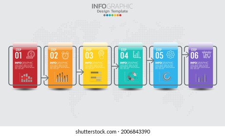 Timeline infographics template with 6 elements workflow process chart.