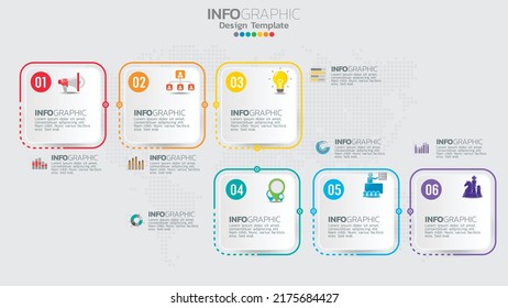 Timeline infographics template with 6 elements workflow process chart.