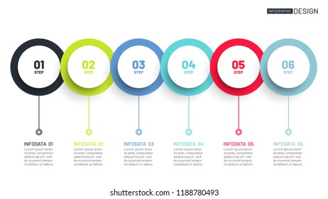 Timeline infographics template with 6 step, number options, circles. can be used for presentation, process diagram, workflow layout. vector illustration.