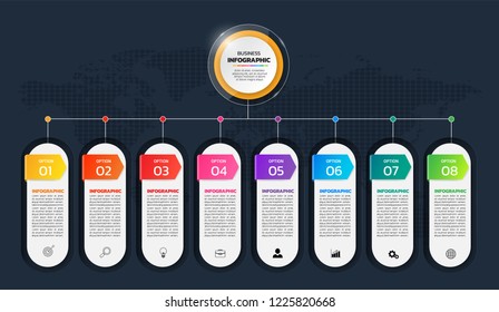 Timeline Infographics template 8 steps, business data visualization, can be used for workflow layout, diagram, website, corporate report, advertising, marketing. vector illustration.