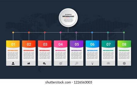 Timeline Infographics template 8 steps, business data visualization, can be used for workflow layout, diagram, website, corporate report, advertising, marketing. vector illustration.