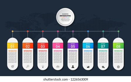 Timeline Infographics template 8 steps, business data visualization, can be used for workflow layout, diagram, website, corporate report, advertising, marketing. vector illustration.