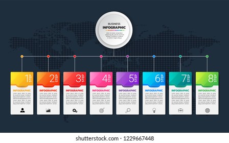 Timeline Infographics template 8 steps, business data visualization, can be used for workflow layout, diagram, website, corporate report, advertising, marketing. vector illustration.