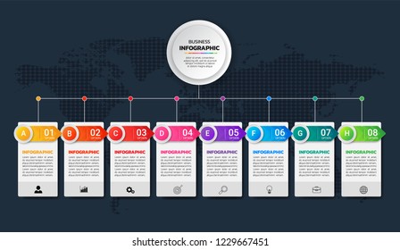 Timeline Infographics template 8 steps, business data visualization, can be used for workflow layout, diagram, website, corporate report, advertising, marketing. vector illustration.