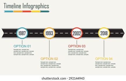 Timeline Infographics template with arrow from asphalt road. Horizontal design elements. Colorful vector illustration.