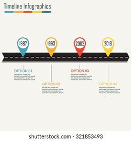 Timeline Infographics template with arrow from asphalt road. Horizontal design elements. Traffic concept. Colorful vector illustration.