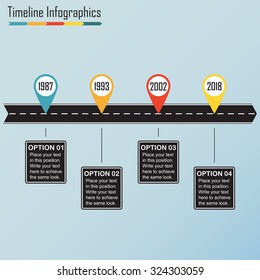 Timeline infographics template with arrow from the asphalt winding road and space for text. Horizontal design elements. Traffic concept. Colorful vector illustration.