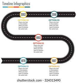 Timeline infographics template with arrow from the asphalt winding road and space for text. Horizontal design elements. Traffic concept. Colorful vector illustration.