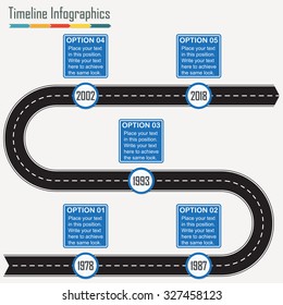 Timeline infographics template with arrow from the asphalt winding road and road signs. Horizontal design elements. Traffic concept. Colorful vector illustration.