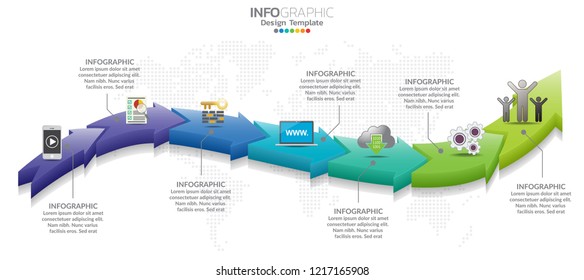 Timeline infographics template with arrows, flowchart, workflow or process infographics, vector eps10 illustration